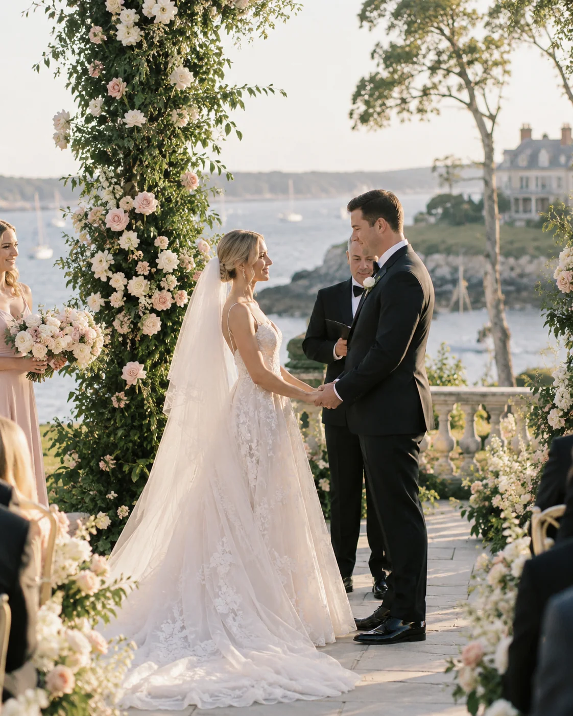 Bride and groom during an outdoor waterfront wedding ceremony
