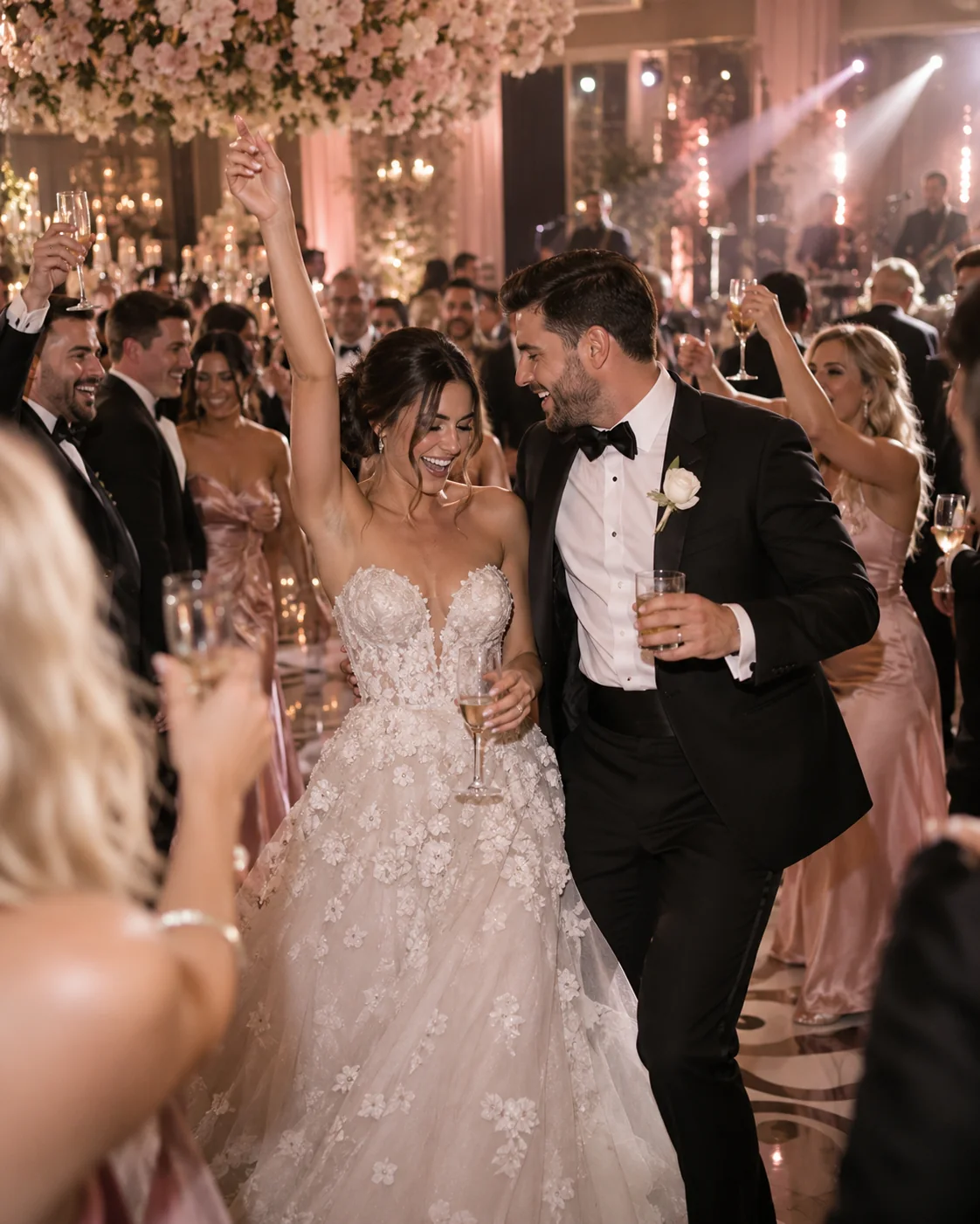 Bride and groom celebrating with guests on a lively wedding dance floor
