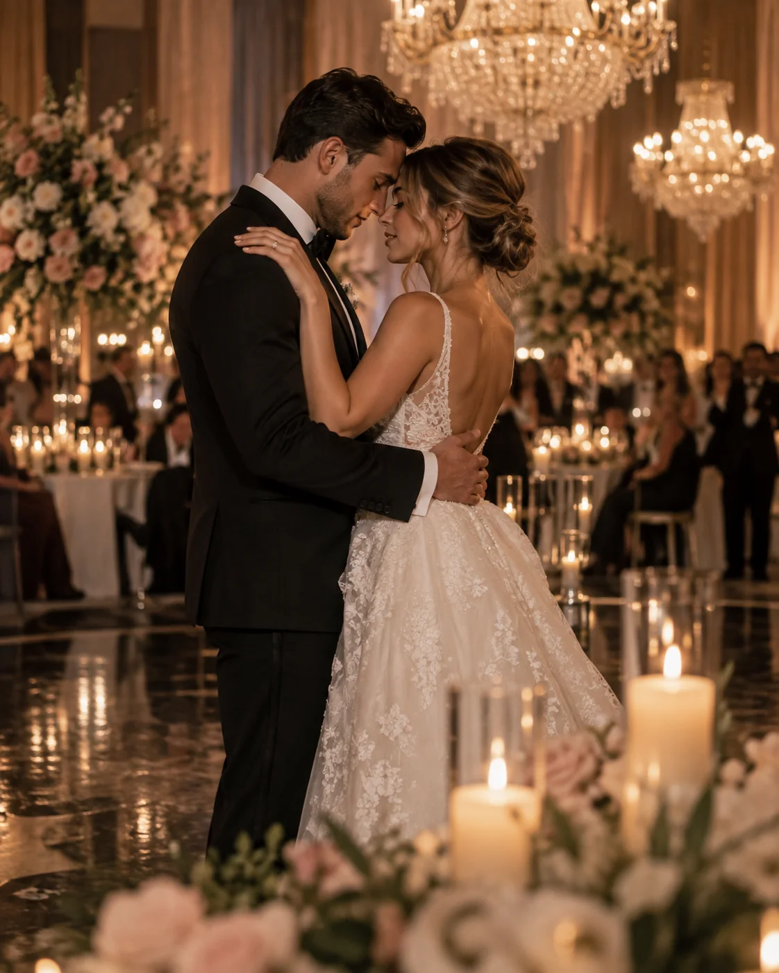 Bride and groom sharing a romantic first dance at an elegant wedding reception