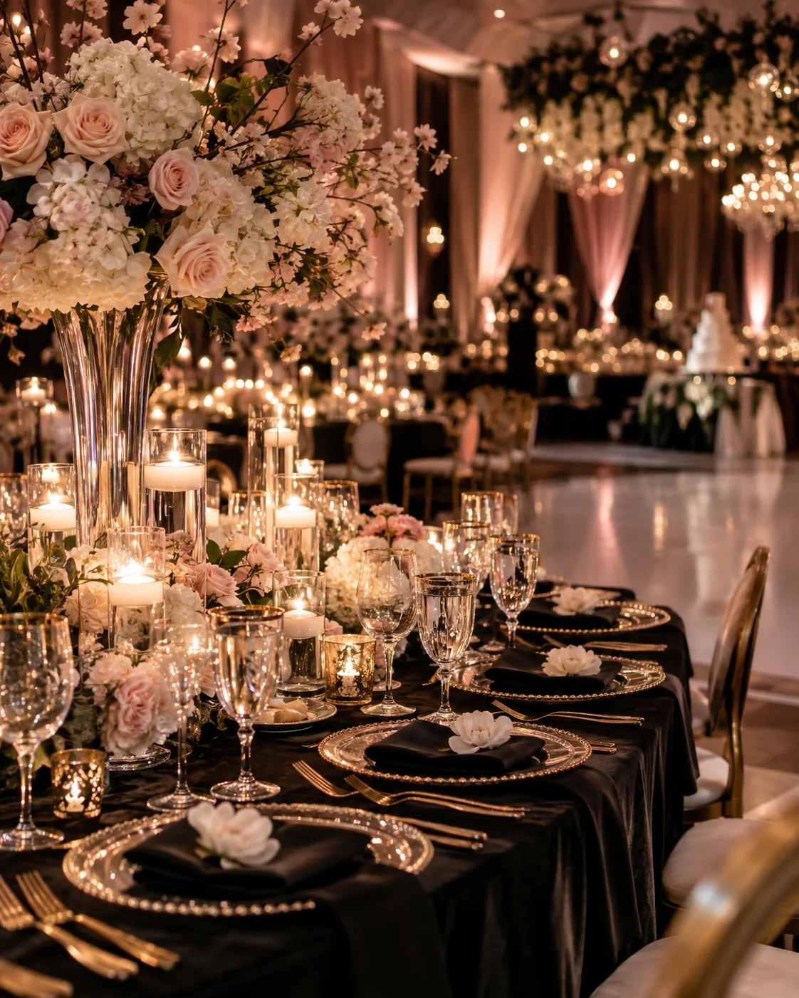 Elegant wedding reception tables with candles, flowers, and warm lighting